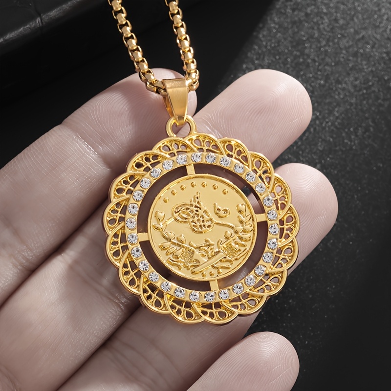 Retro Arabian Bird & Coin Pendant Necklace with Zirconia Stones